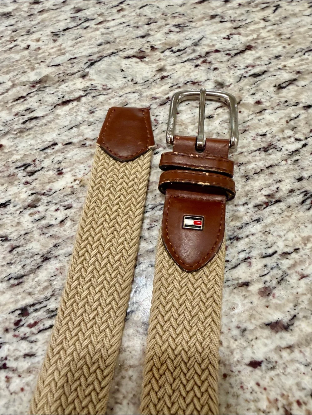Vtg Y2K Tommy Hilfiger Mens 36-38 Braided Stretch Belt Khaki Brown Leather Logo